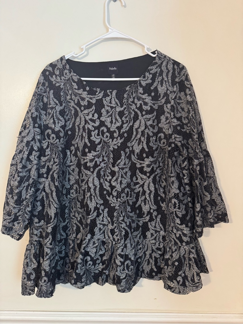 Rafaella Black & Silver Floral-Pattern Peplum Tunic Oversized Large